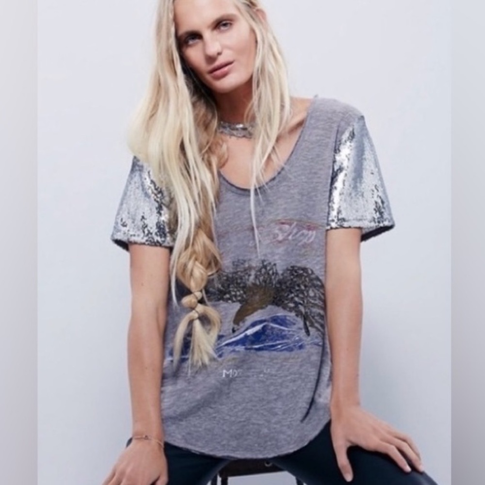 Free People Gray Tee with Silver Sequin Sleeves